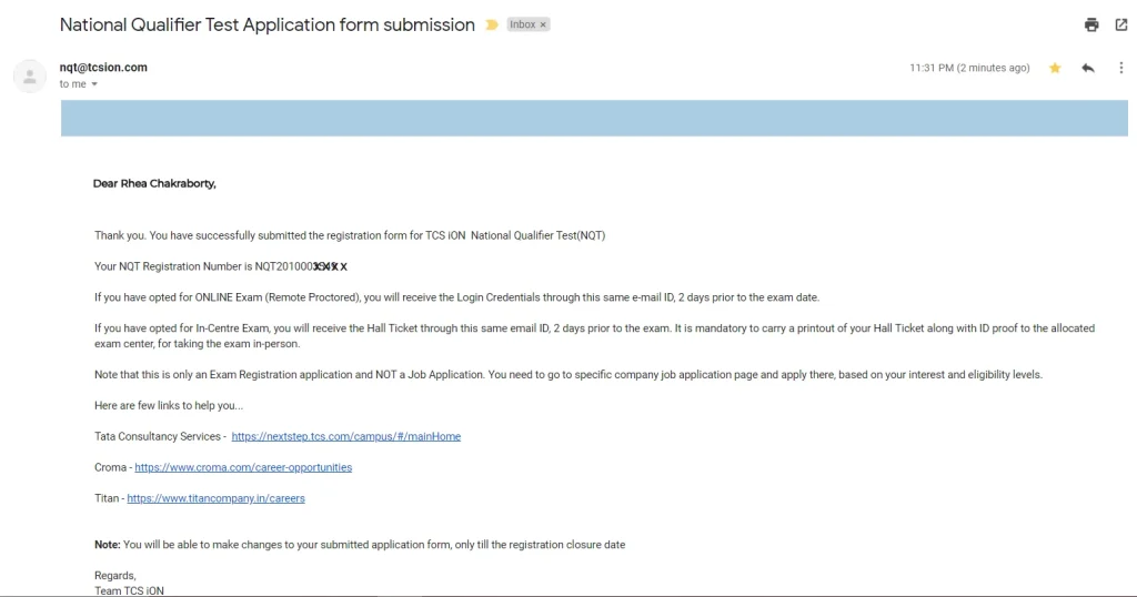 TCS NQT Confirmation Mail