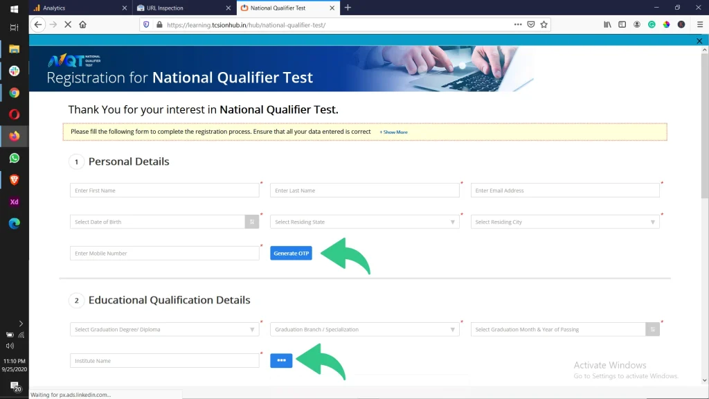 TCS NQT Registration Step 3.1