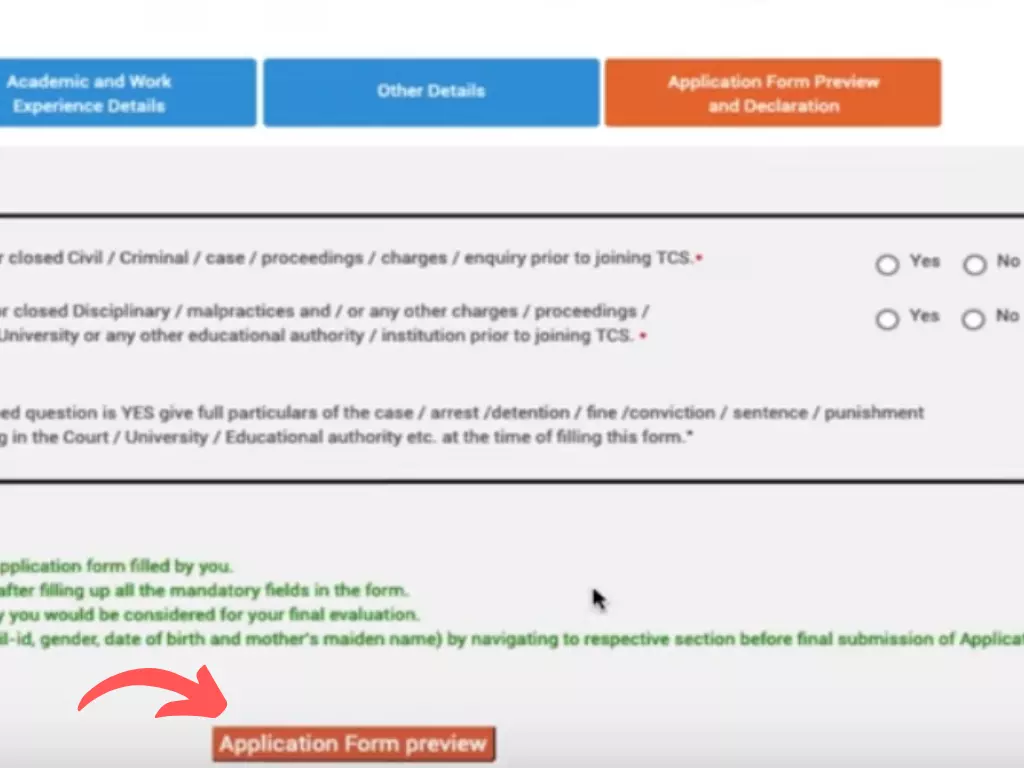 TCS NQT Registration Process declaration and preview