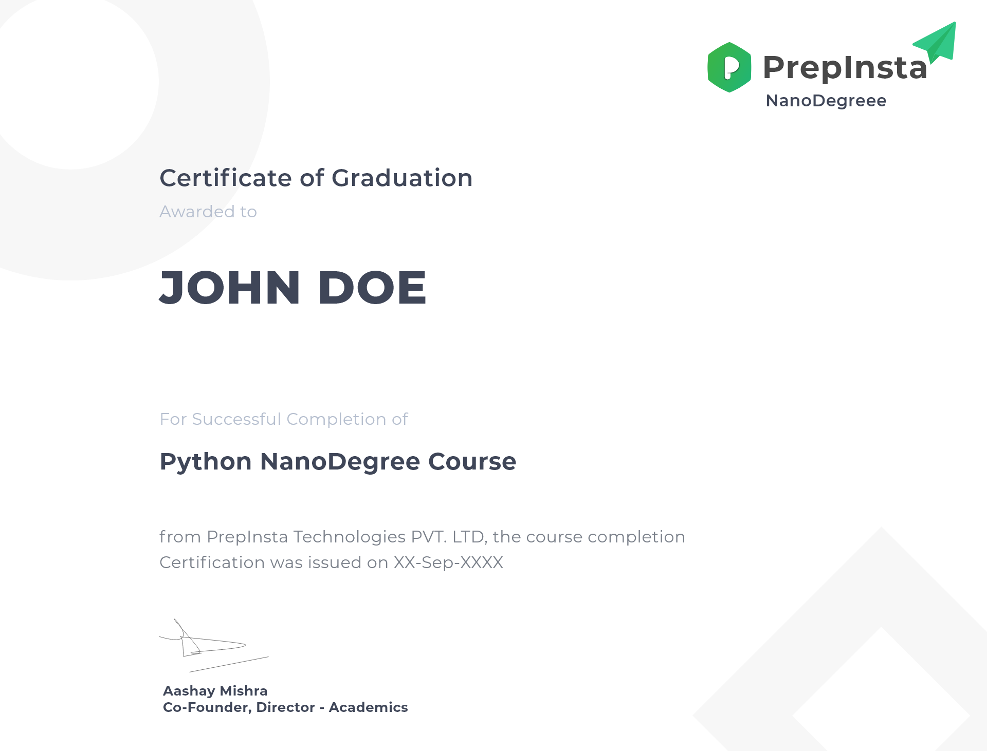 Certificate Example PrepInsta