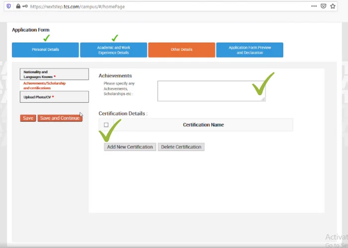 tcs next step application form