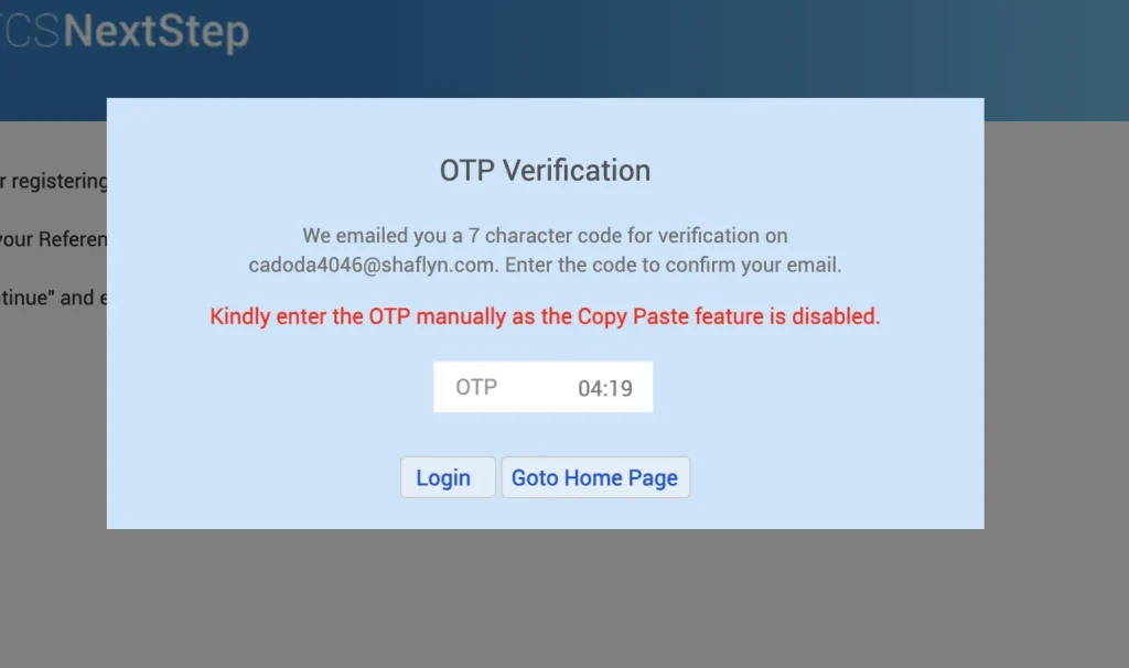 TCS NQT OTP verification step 9