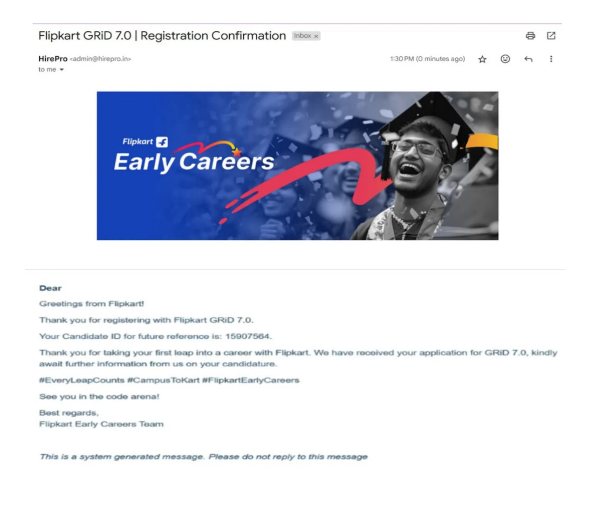 Flipkart GRiD 7.0 Confirmation mail